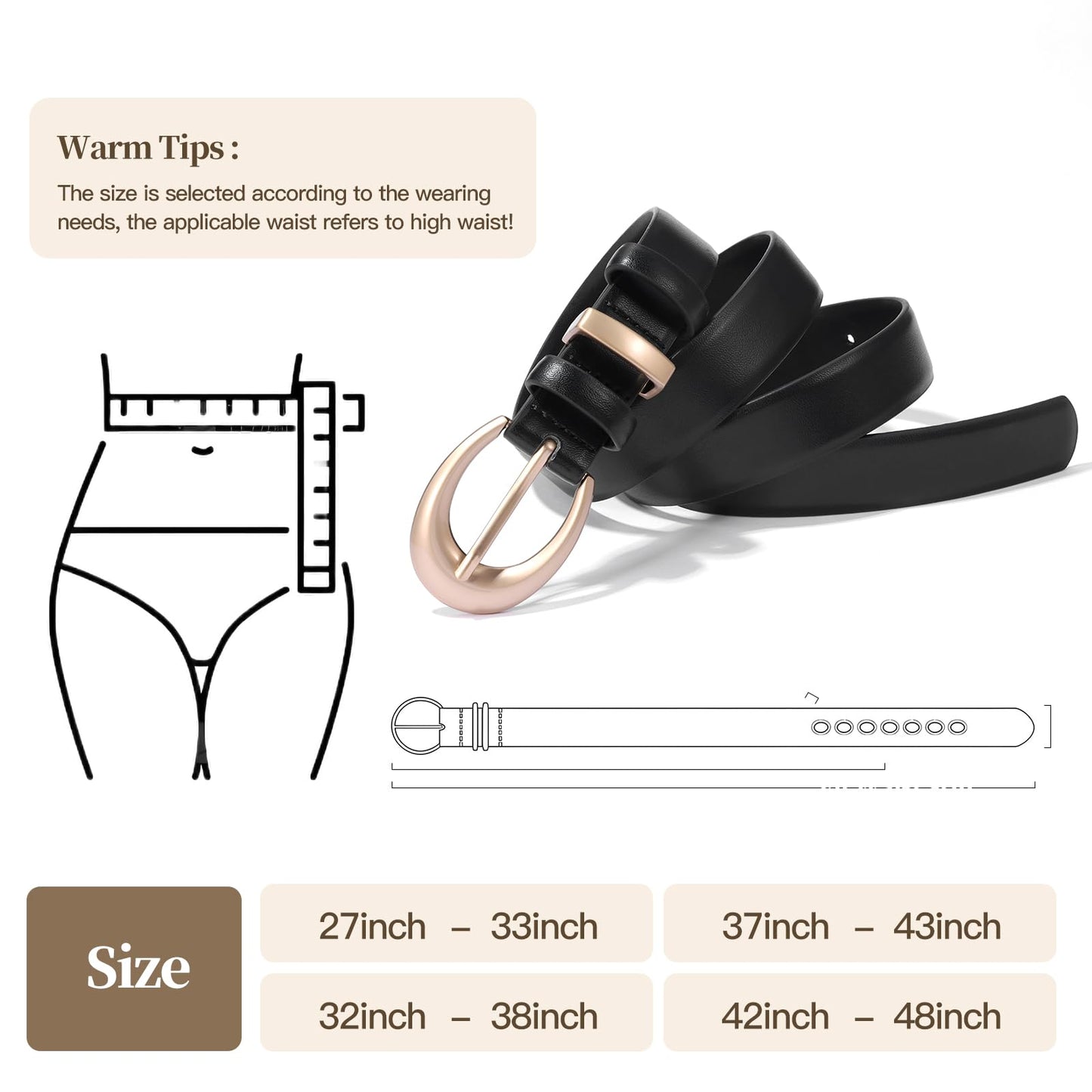 KONQUWA Women's Cow Leather Belt for Jeans Pants Fashion Ladies Skinny Dress Waist belt with Gold Buckle (Coffee/Silver Buckle,27″-33″)