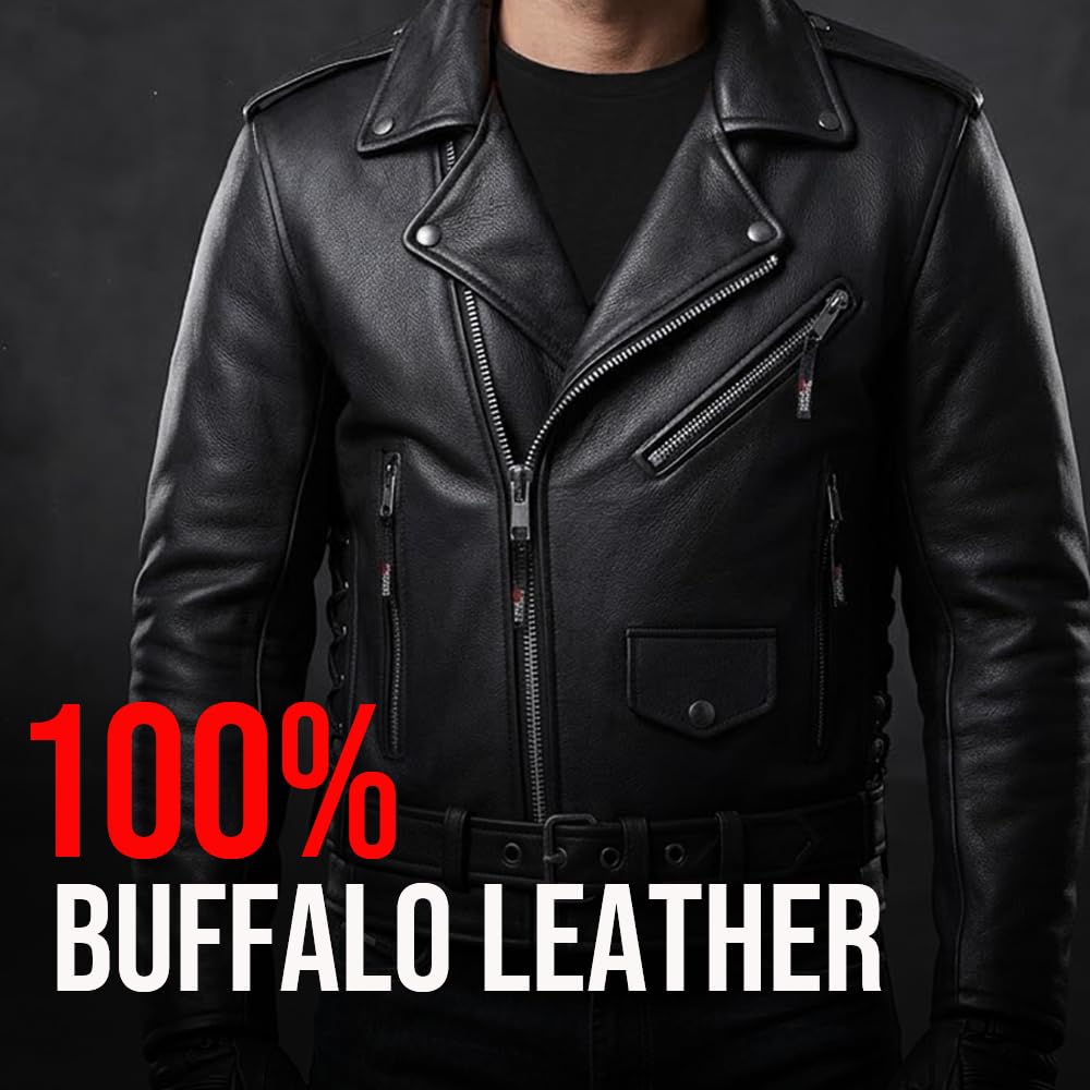 ICONIC Motorcycle Jacket for Men, Premium Buffalo Leather, Insulated Liner, Classic Side Laces, Cruiser Biker Black S