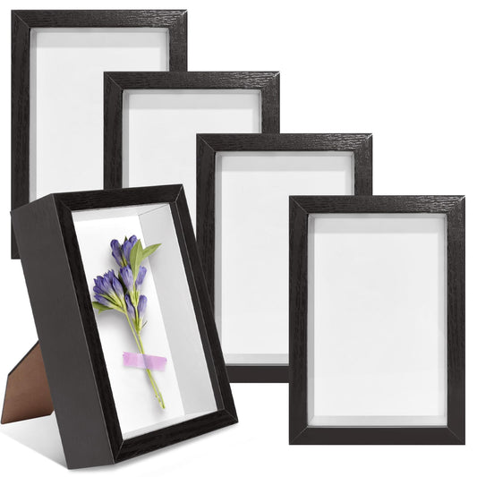 VOKOY 5 Pack 4" x 6" Shadow Box Frame, Small Wood Hollow Picture Frame with Clear Acrylic Front, 1" Deep Shadowbox Display Cases for Photos Dried Flowers Seashell Memorabilia DIY Crafts Medals (Black)