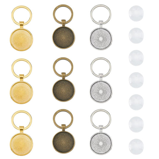 DICOSMETIC 18 Sets 3 Colors Keychain Pendant Tray Alloy Blanks Cabochon Settings and Glass Cabochons DIY Blank Dome Keychain Making Kit for Photo Resin Personalized Crafting