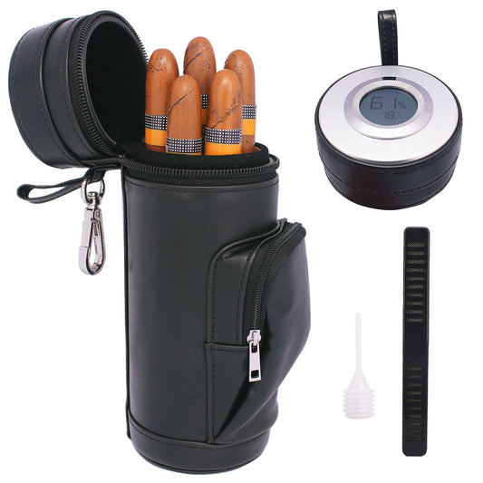 AMANCY Deluxe Top Lined Silver Metal Leather Cigar Travel Humidor Case, Great Cigar Gifts with Metal Clips for Golf Carts,Cylindrical Silver Cigar Holder Jar with Accurate Digital Hygrometer (Black)