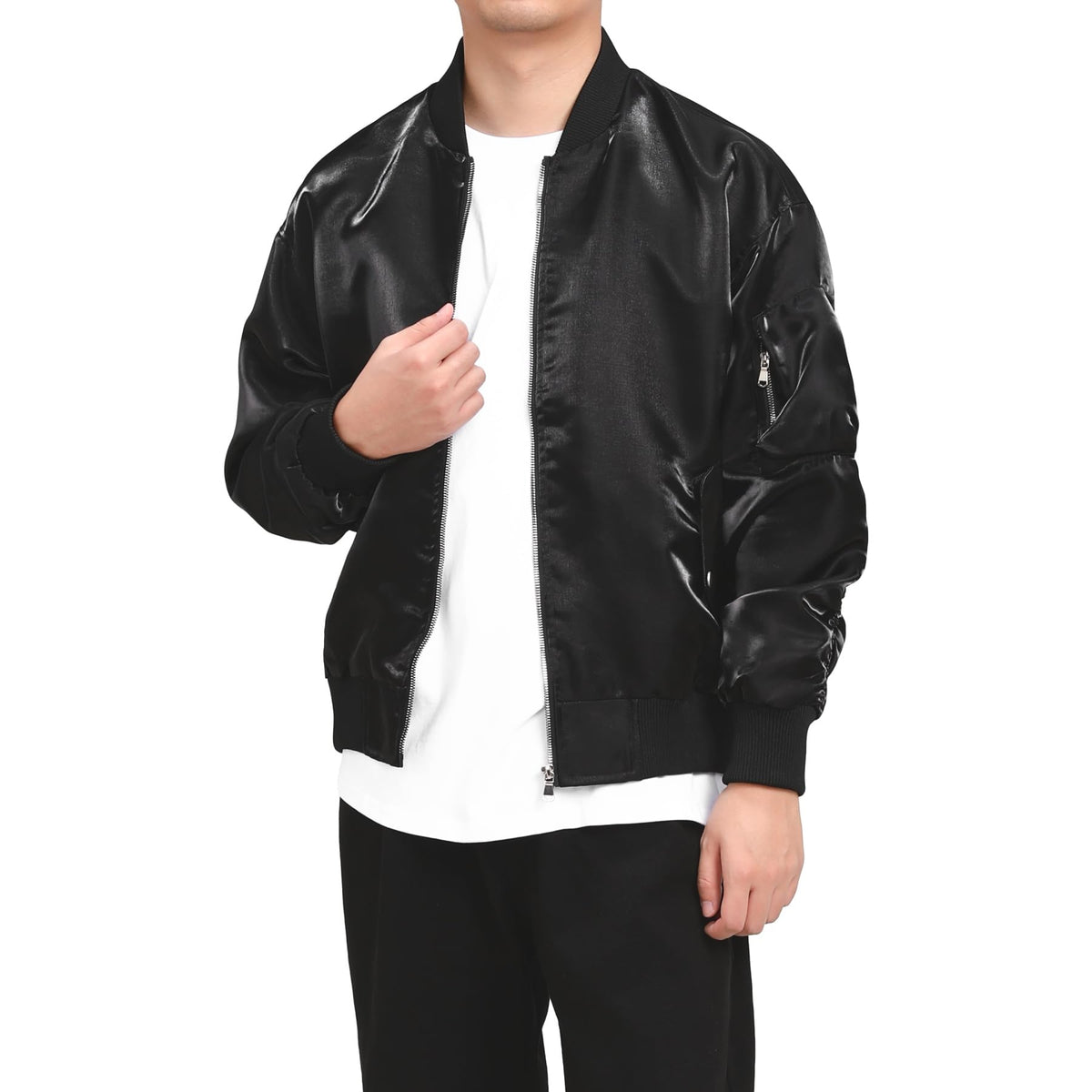 BYBNOLL Men's Satin Bomber Jacket Full Zip Flight Coat with Sleeve Pocket (Black,L)