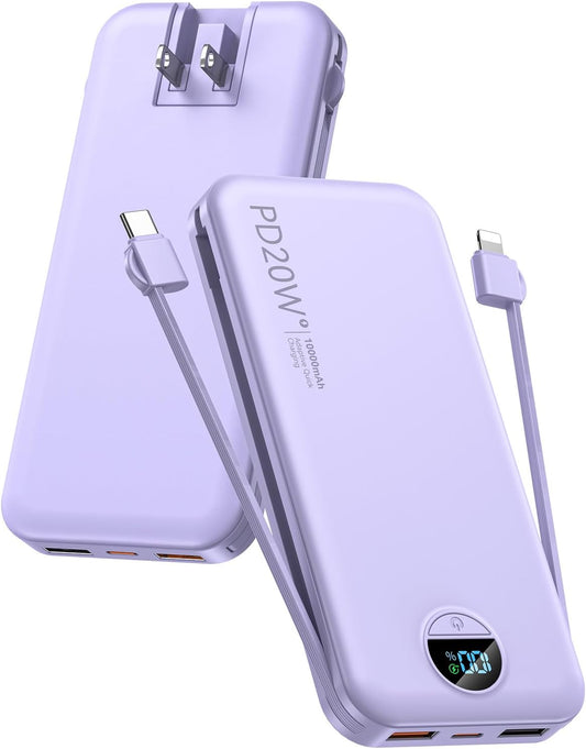 citicr 10000mAh PD20W Pack Portable Charger, USB C Fast Charging Power Bank with Built-in Cables and AC Wall Plug