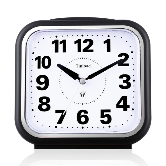 Tinload 5.5" Large No Ticking Analog Alarm Clock,Silent Readable for Seniors,Easy to Set,Gradual Rise Alarm,Big Numbers,Gentle Wake,Snooze, Lighted on Demand,Battery Operated,Black