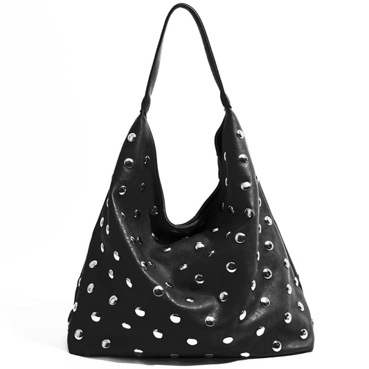 Liziblloy Studded Purse Soft Leather Studded Bags for Women Studded Slouchy Hobo Shoulder Handbag Tote Purse,Black
