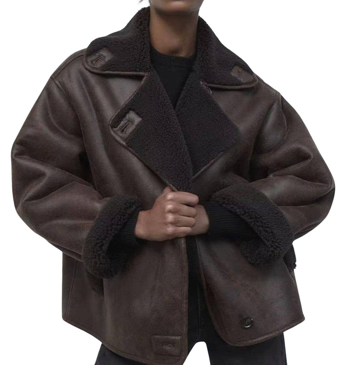 loveimgs Women Thicken Sherpa Lined Faux Suede Jacket Oversized Leather Coat Shearling Fleece Moto Jacket Biker Winter Overcoat (Medium, Brown)