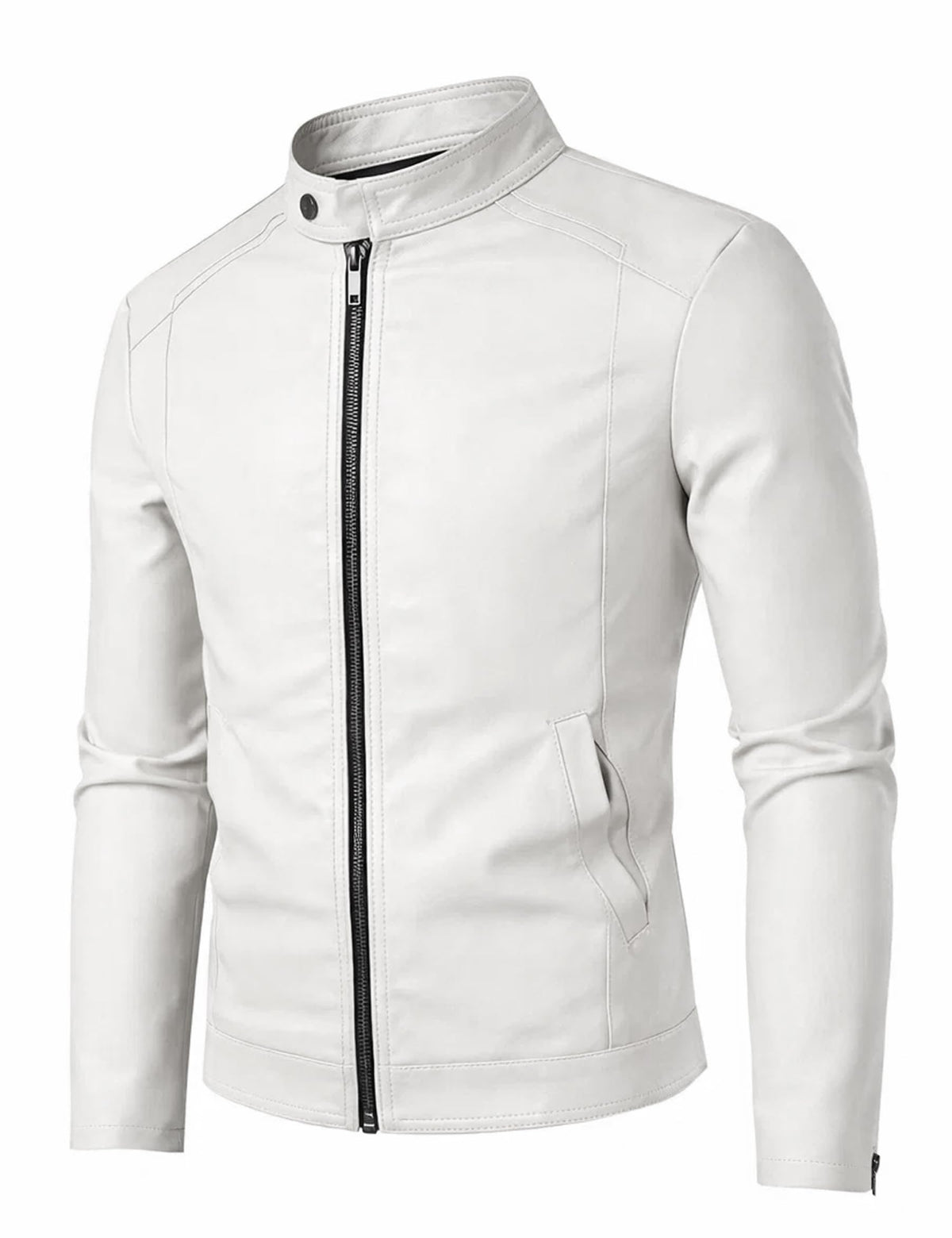 White Leather Jacket Men Faux Leather Motorcycle Stand Collar Biker Coat L