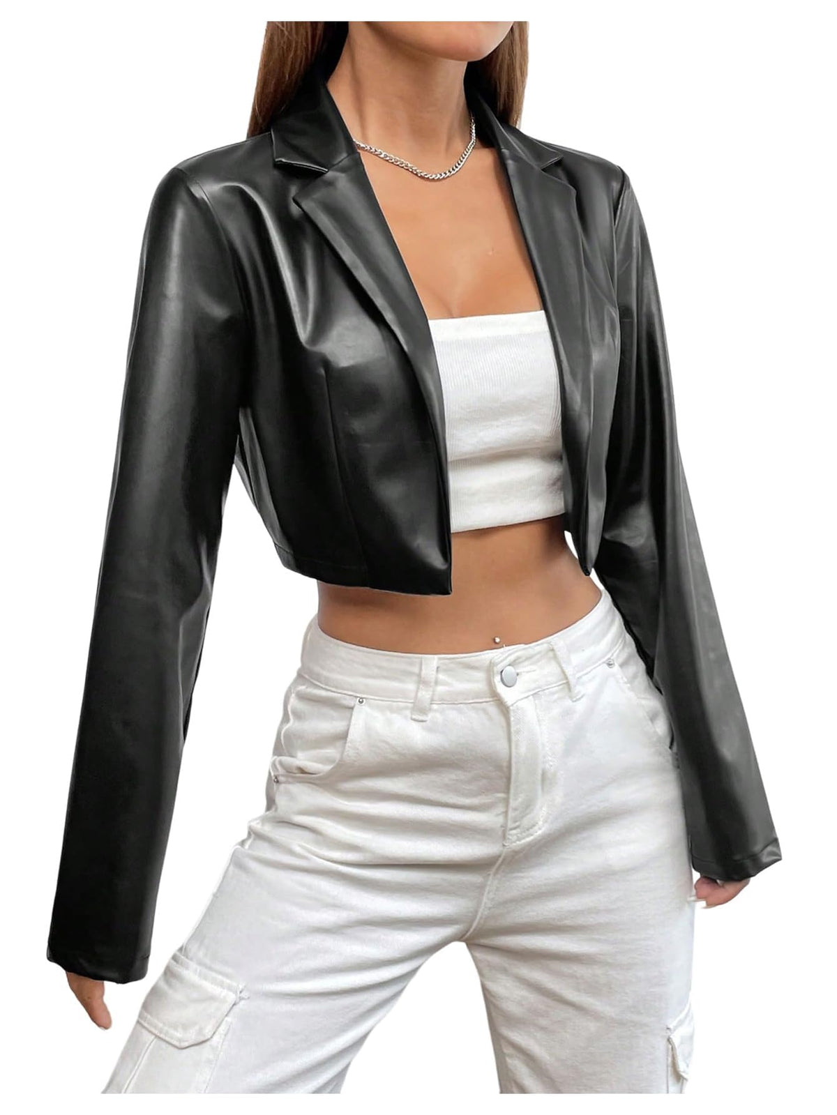 GORGLITTER Women's Cropped Faux Leather Jacket Y2k Long Sleeve Open Front Cardigan Bomber Moto Biker Jackets Rave Outfits Black Small
