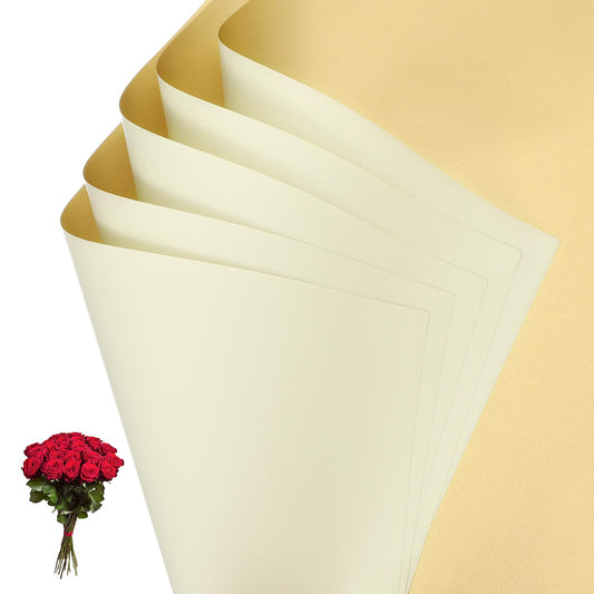 PATIKIL Flower Gift Wrapping Paper, 20 Sheets Double Sided Golden Waterproof Bouquet Paper Wrap Florist Supplies Packaging Floral Papers for Wedding DIY Craft Valentine, Beige/Gold