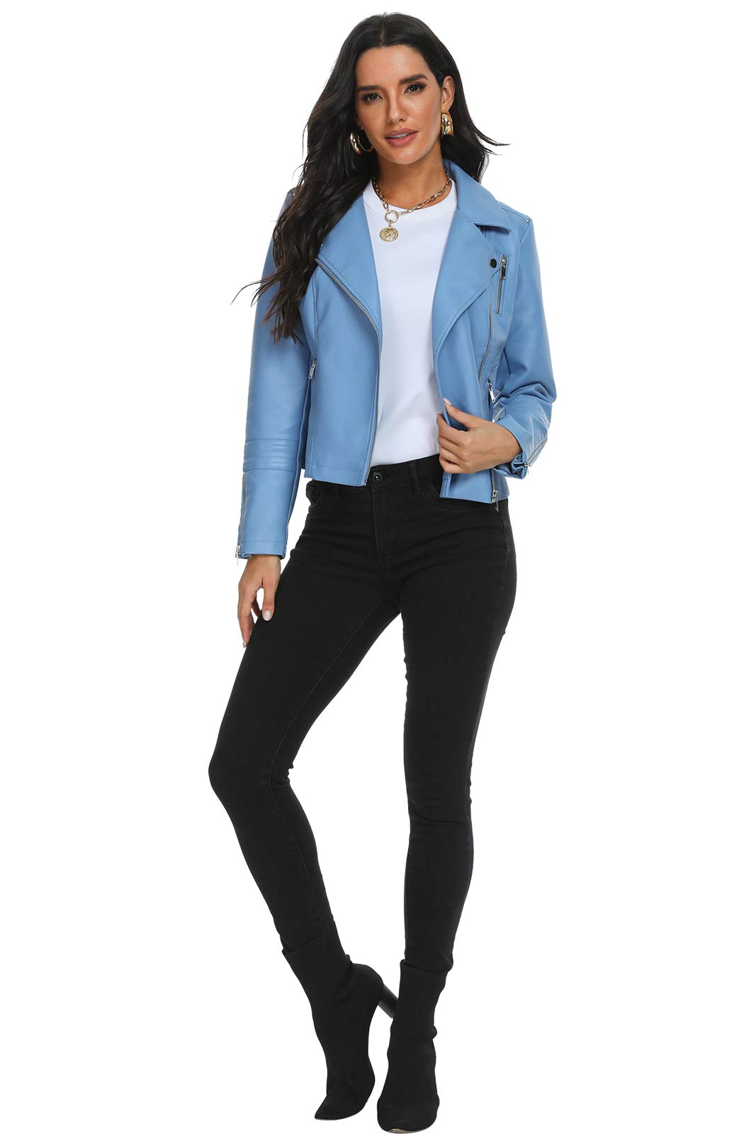 Fahsyee Women's Blue Leather Jackets, Faux Motorcycle Bomber Moto Biker Plus Size Coat Short Lightweight Vegan Pleather Fashion M