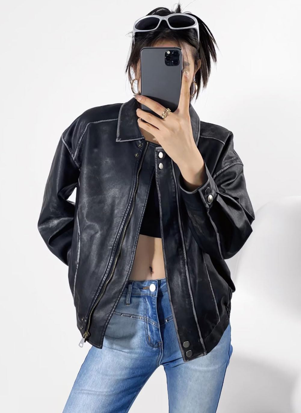 chouyatou Women's Fall Distressed Faux Leather Bomber Jacket Motorcycle Oversized Leather Jacket (Small, Black)