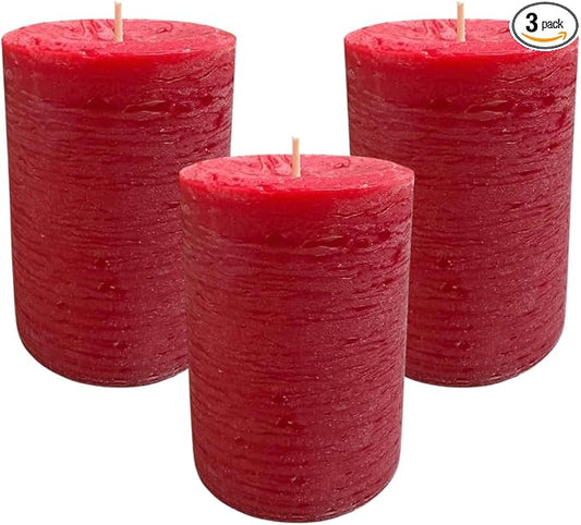 Mister Candle Dripless Unscented Rustic Red Pillar Candles, Set of 3 Hand Poured Solid Color Candles for Holidays, Home Decor, Premium Wax, 60 Hr Burn Time, 3x4 Inch (Rustic Red)