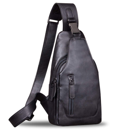 Genuine Leather Sling Bag for Men Chest Shoulder Crossbody Hiking Backpack Vintage Handmade Daypack (Black)