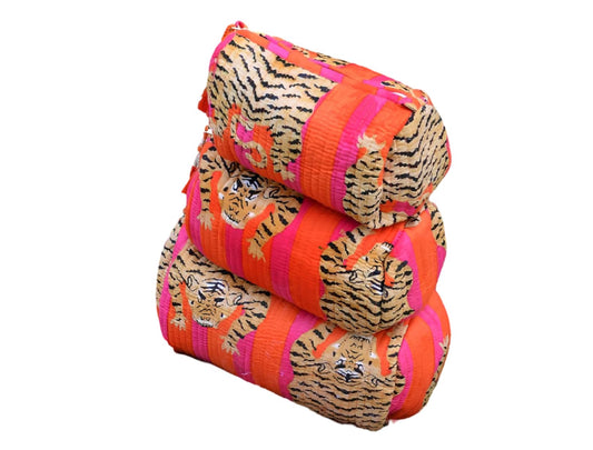 INDACORIFY Tiger Print Makeup Bag Set of 3 Pieces Indian Cotton Toiletry Bag Make up Pouch Travel Bag Quilted Wash Bag Shaving Cotton Cosmetic Kit