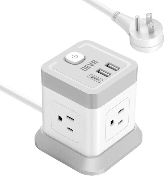 BEVA 5ft 4 3 Power Strip with USB - Long Extension Cord Desktop Charging Station, Power Strip Cube with Outlets and USB