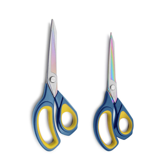 LIVINGO 2 Pack Sharp Fabric Scissors - Heavy Duty Scissors All Purpose, Titanium Coated Forged Sewing Shears for Tailor Dressmaking Crafting Cutting Clothes Leather, 8.5" & 9.5", Blue & Yellow