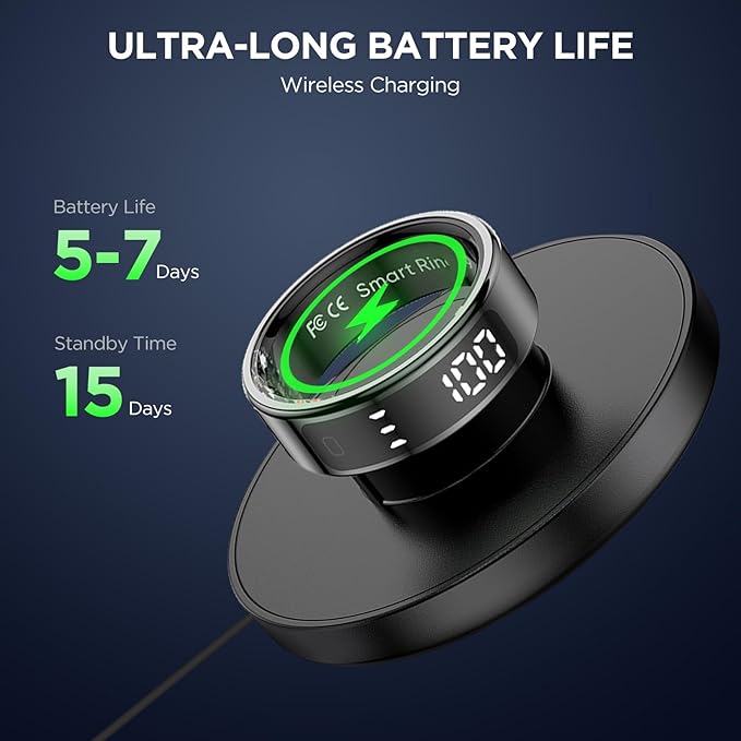 Smart Rings for Men with Display Screen, Fitness Ring with Wireless Charging, Sleep Tracker Ring with Heart Rate, Health Rings for Activity Monitoring/Steps/Calories, for iOS Android (Black,12#)