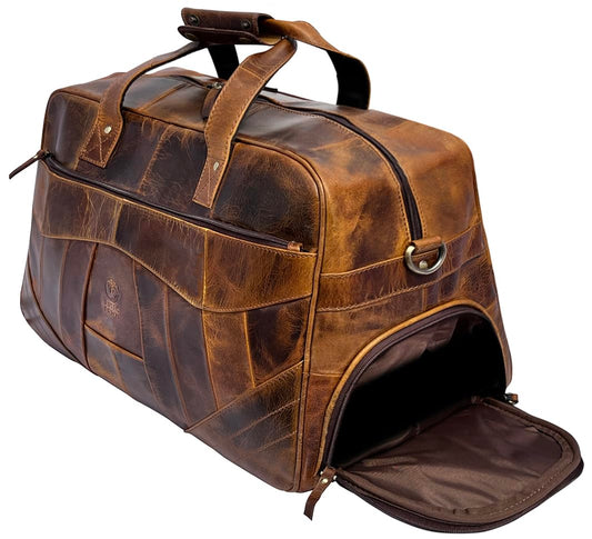 Leather Duffle Bags for Men - Handmade Full Grain Leather Weekender Bag with 2 Shoe Compartment, Underseat Carry On Travel Luggage