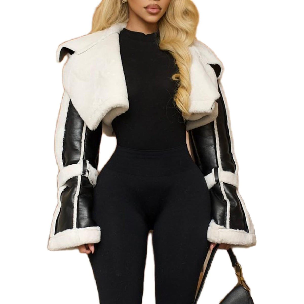 REASERAL Womens PU Leather Crop Jacket Vintage Large Lapel Patchwork Jacket with fleece Winter Going Out Streetwear