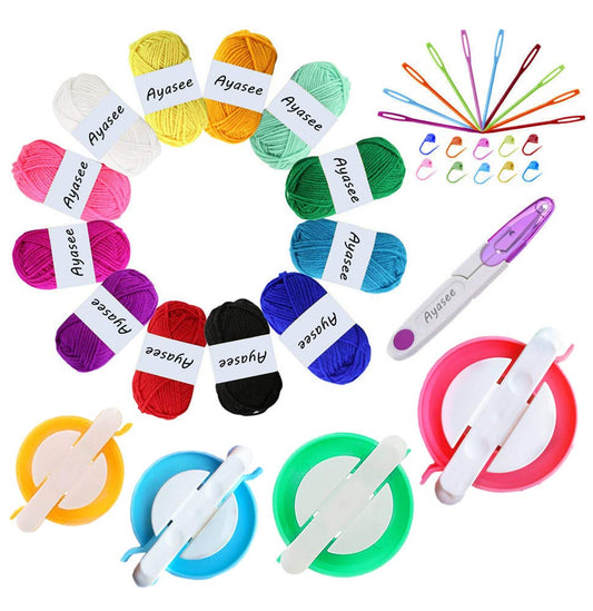 Pompom Maker, 4 Sizes Pom pom Makers for Fluff Ball Weaver Needle Craft DIY Wool Knitting Tool Set Decoration+12PS Acrylic Yarn+10PS Knitting Stitch Markers+10PS Plastic Needles+1PS Scissors(37a)