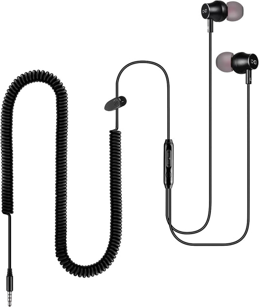 12FT 3.5mm CGS06 Extra Long Earbuds for TV & PC, with Spring Coiled Extension Cable, Volume Control & Mic, in-Ear Wired
