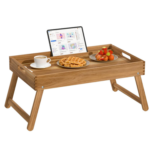 22"x14" Acacia Wood Folding Bed Tray Table, Extra Large Breakfast in Bed Tray with Raised 7.9" Leg Space, Foldable Legs, Tablet & Phone Slots, Cable Grooves, Food Tray for Bed