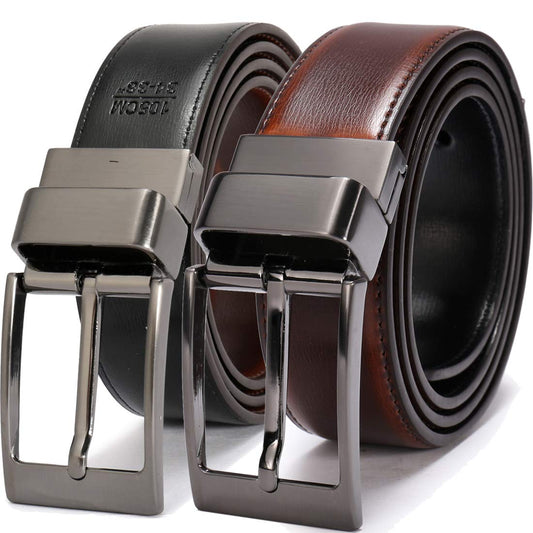 beltox fine Men's Dress Belt Leather Reversible 1.25" Wide Rotated Buckle Gift Box（Black Buckle with Cognac/Black Belt,30-32）