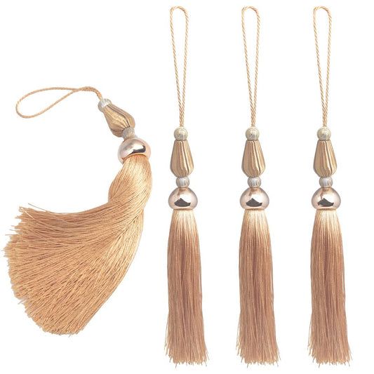 Kuasting 4pcs Handmade Soft Silky Tassels, Hand-Woven Beaded Tassel for Crafts, 11.5 Inch Bookmarks for DIY Crafts Jewelry Making,Graduation Clothing Sewing, DIY Craft Accessory,Tags (Golden)