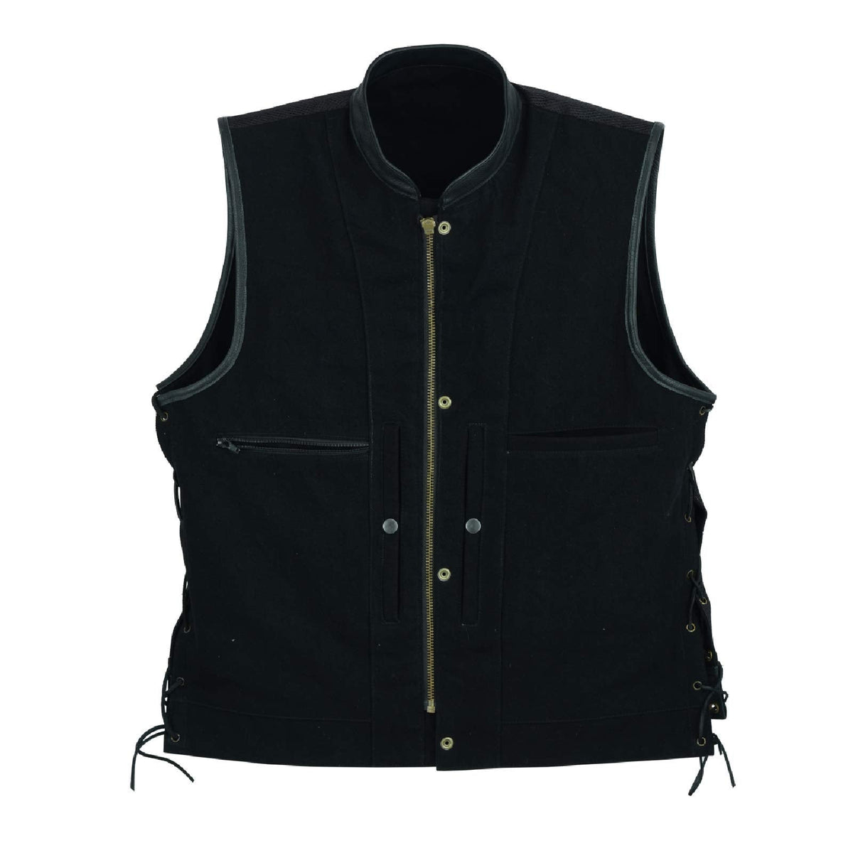 Leatherick Mens Side Lace Black Denim Vest with Leather Trims for Motorcycle Bikers (XL)