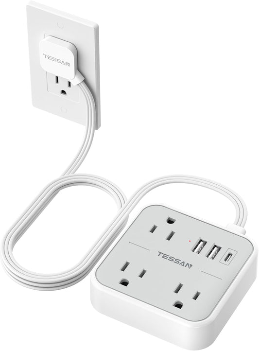 TESSAN 5 (1 3 Ultra Thin Flat Extension Cord FT, Slim Power Strip with USB Ports USB C), Surge Protector Flat Plug Wall