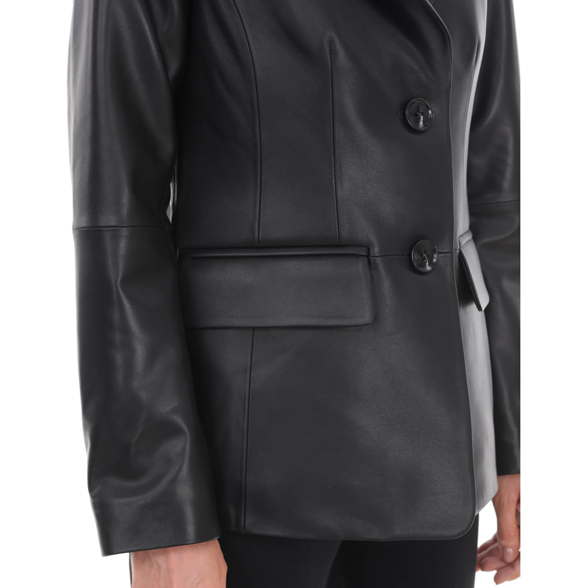 SILVER FASHIONS Lambskin Leather Jacket Women,Long Sleeve Button Front Leather Blazer,Notched Lapel Casual Style,Vent Detail (Large,Black)