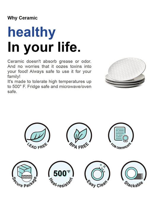 LE TAUCI 10 Inch Ceramic Dinner Plates Set of 4, Large Embossed Plate Set for Kitchen, Microwave & Dishwasher Safe Dinnerware Sets, Modern White Serving Dishes for Pasta, Steak - Arctic White
