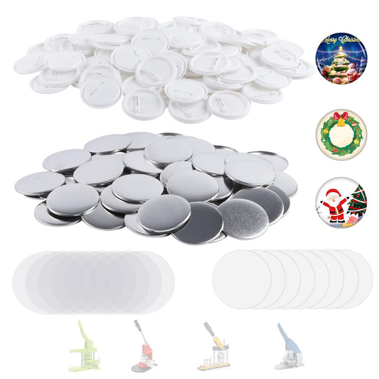 200 Sets 58mm/2.25 inch Button Maker Supplies, Pin Back Button Parts for Button Maker Machine 58mm, Including Metal Covers, Plastic Back Covers, Clear Plastic Film&Blank Paper