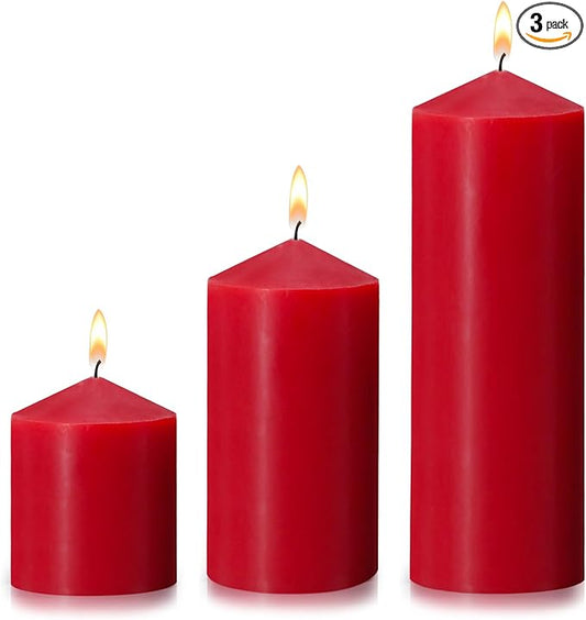 Pillar Candles 3 x 4, 6, and 8 inches, Large Handmade Candles Set of 3, Red Decorative Candles for Wedding, Home Decoration, Dinner, Church