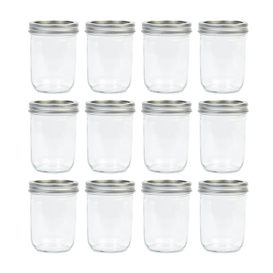 Jumterlee Wide Mouth Mason Jars 16 oz (12 Pack) - Overnight Oat Jars with Airtight 2-Piece Metal Lids, Suitable for Pickling, Meal Prep, Storage, DIY Crafts & Water Bath Canning