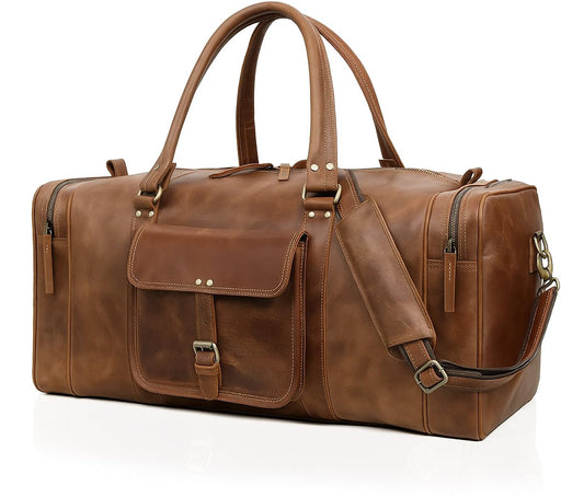 Leather Duffel Bag for Men & Women, Genuine Weekender Travel Bag, Handmade Overnight Gym Bag with Shoulder Strap, Carry-On for Business & Outdoor Travel (Asher Duffel, Light Brown, 24 Inch)