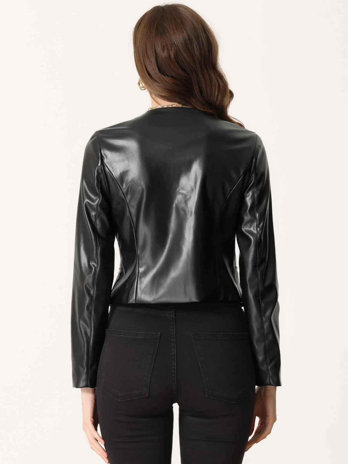 Allegra K Faux Leather Jacket for Women's Collarless Open Front Crop PU Moto Biker Jackets Medium Black
