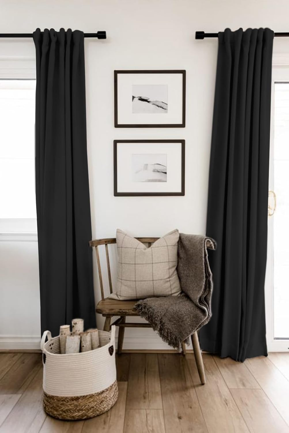 Skiennix 100% Blackout Linen Curtains - Thermal Insulated Drapes for Bedroom | 50" W x 96" L, Black