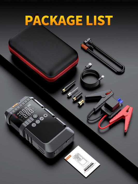 Jump Starter with Air Compressor, Battery Jumper Starter Portable,12V Jump Box with 160PSI Tire Inflator for Car Battery, LED Display for All Gas & 12L Diesel Engines, LED Light, Jumper Cables