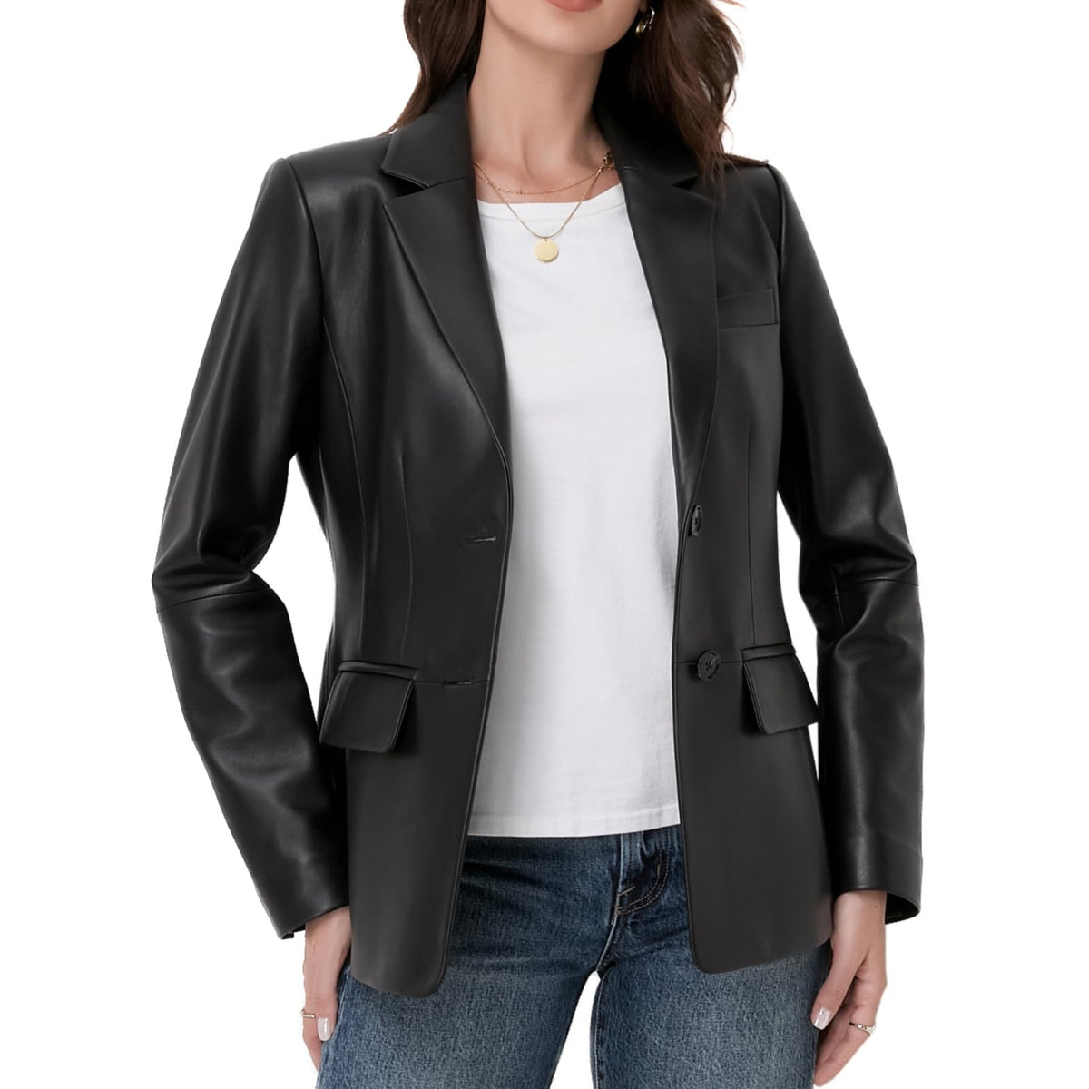 SILVER FASHIONS Lambskin Leather Jacket Women,Long Sleeve Button Front Leather Blazer,Notched Lapel Casual Style,Vent Detail (X-Large,Black)