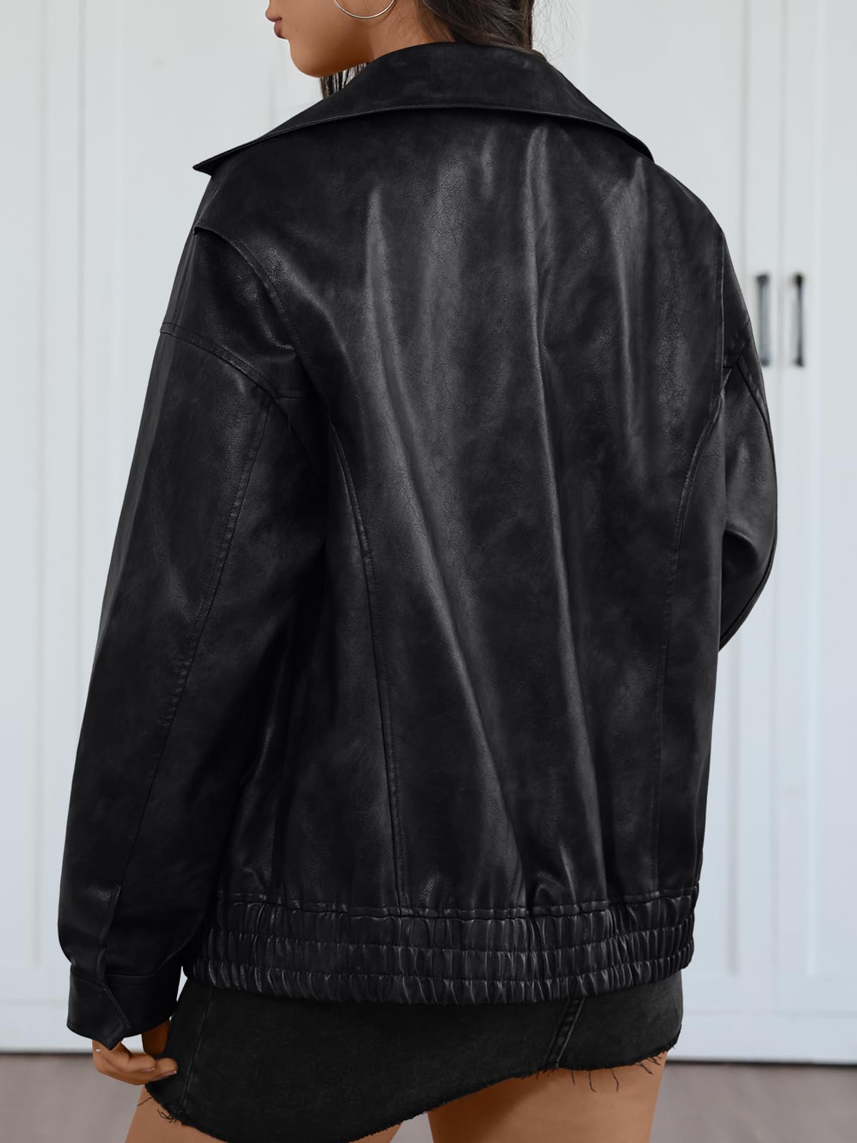 Trendy Queen Women Oversized Faux Leather Jackets Textured Bomber Zip Coats