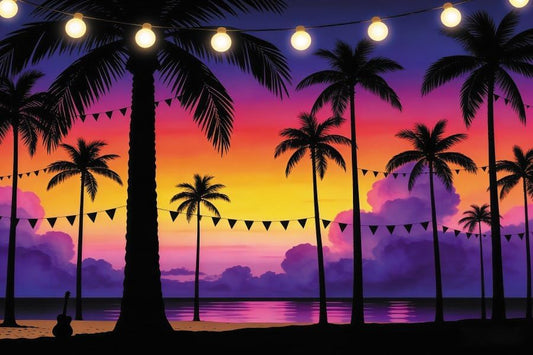 XMJJKUF 12x8ft Summer Sunset Palm Tree Backdrop Seaside Silhouettes Night Light Tropical Hawaii Beach Background