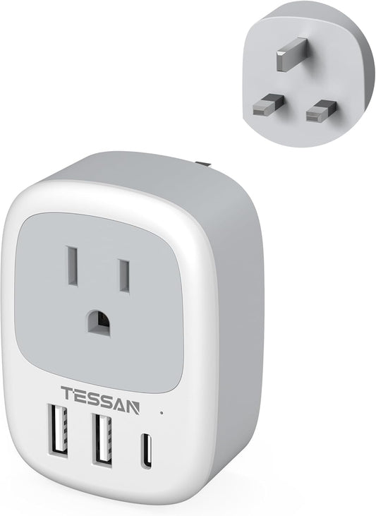 3 (1 UK Adapters for Travel, TESSAN US to UK Plug Adapter, Ireland Outlet Plug with USB Charger USB C Port), Type G