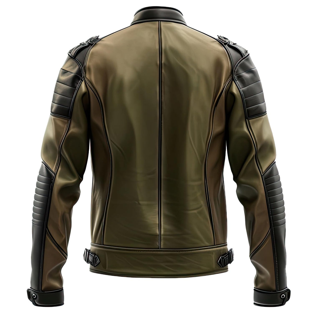 Leather Enchantment Co Men’s Olive Green & Black Sheepskin Biker Jacket – Stand Collar, Multi-Zipper Pockets, Sleek Moto Racing Style (US, Alpha, 3X-Large, Regular, Regular, Olive Green & Black)