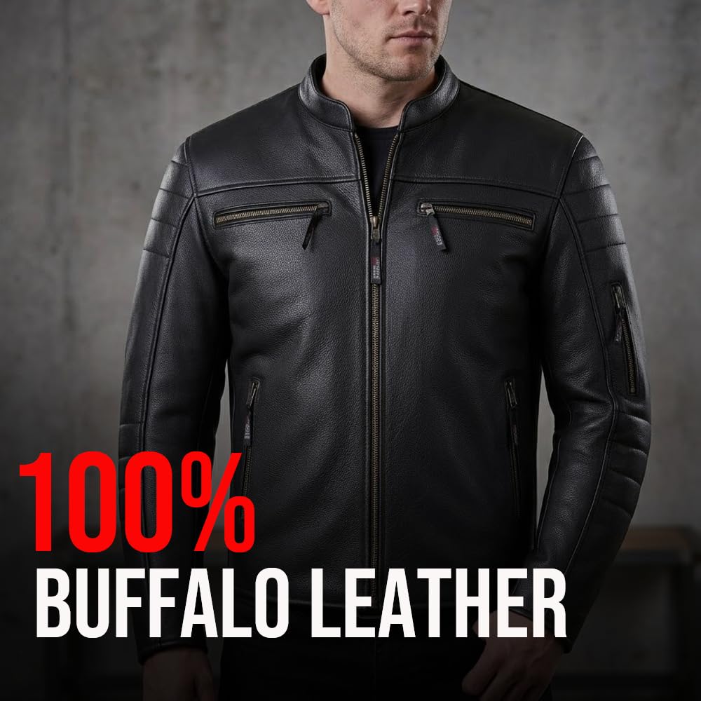 REVOLT Men's Motorcycle Jacket, Natural Buffalo Leather, CE Armor - Ventilation, Cruiser Motorbiker Touring Biker Black XXL