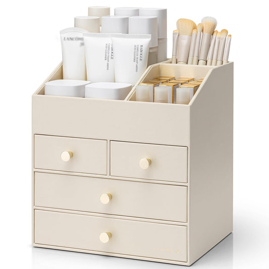 VLANDO Makeup Organizer for Vanity, PU Leather Cosmetic Organizer with 4 Drawers, Large Bathroom Countertop Skin Care Storage for Perfume Lipstick Brushes, Dresser Organizer for Women-Beige