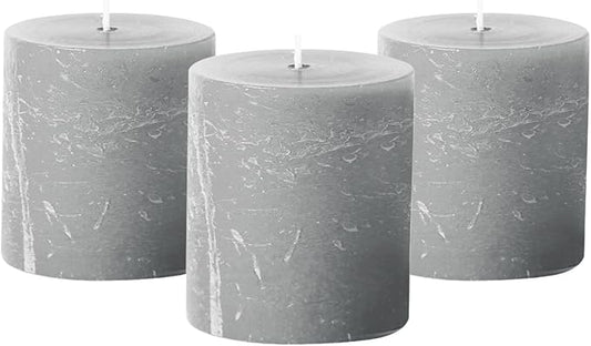 Simply Soson Grey Rustic Texture Pillar Candles 3x3 inch - Set of 3 - Unscented Decorative Grey Candles, No Drip, Ideal for Home Decor, Weddings, Holidays