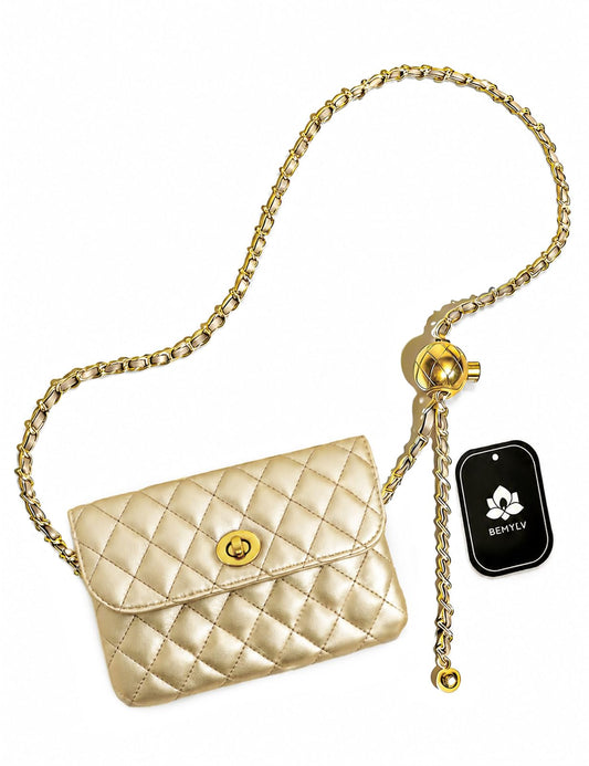 BEMYLV Leather Chain Belt Bag for Women Gold Crossbody Phone Purse Adjustable Fanny Pack Fashion Waist Purse Evening Clutch Detachable Mini Handbag