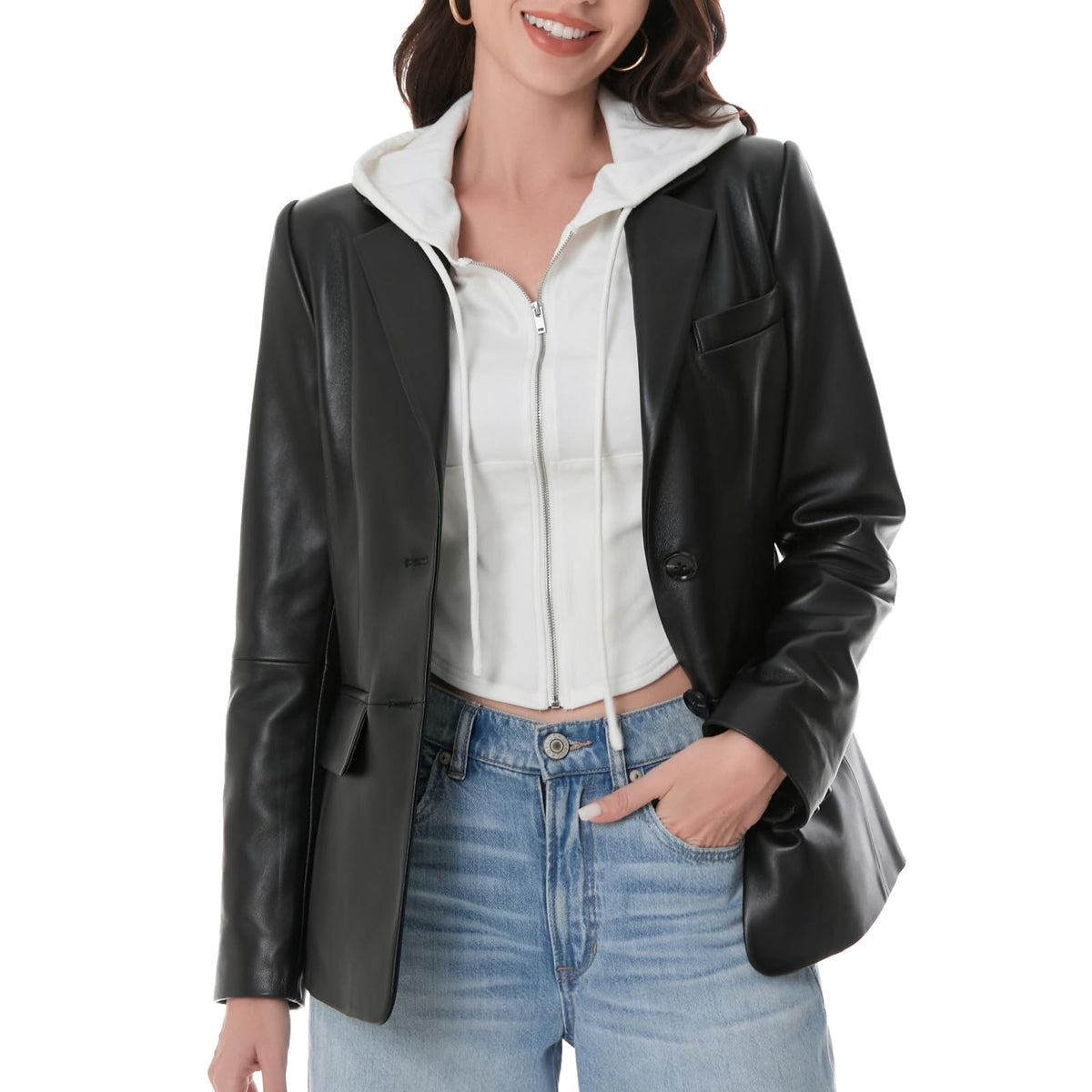 SILVER FASHIONS Lambskin Leather Jacket Women,Long Sleeve Button Front Leather Blazer,Notched Lapel Casual Style,Vent Detail (X-Large,Black)