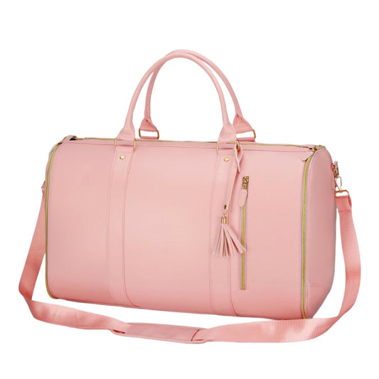 Garment Duffle Bag for Travel, 2-in-1 Garment Bags Carry On Hanging Suit Bag, Foldable PU Leather No Wrinkle Dress Bag for Women & Men, Weekender Overnight Business Trip Pink
